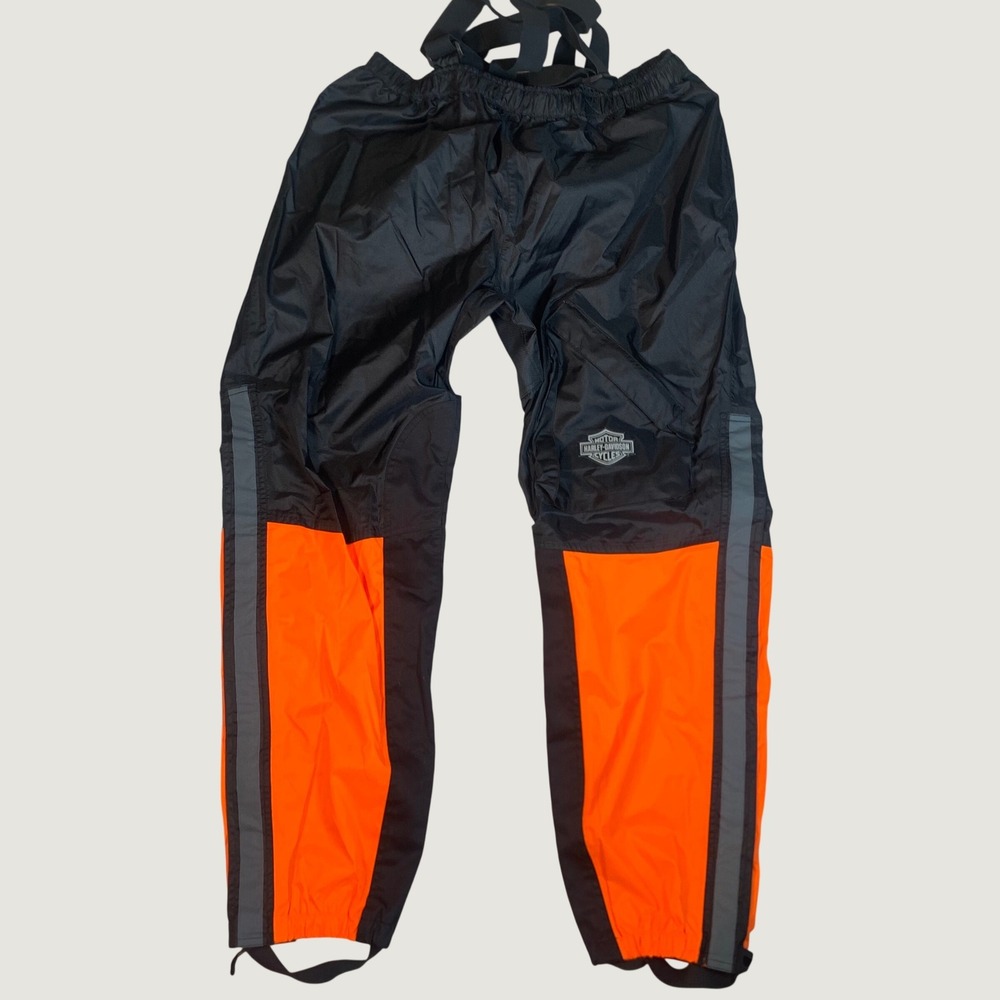 Harley Davidson Rain Pants Mens XL Black Orange Excellent Reflective Biker Moto